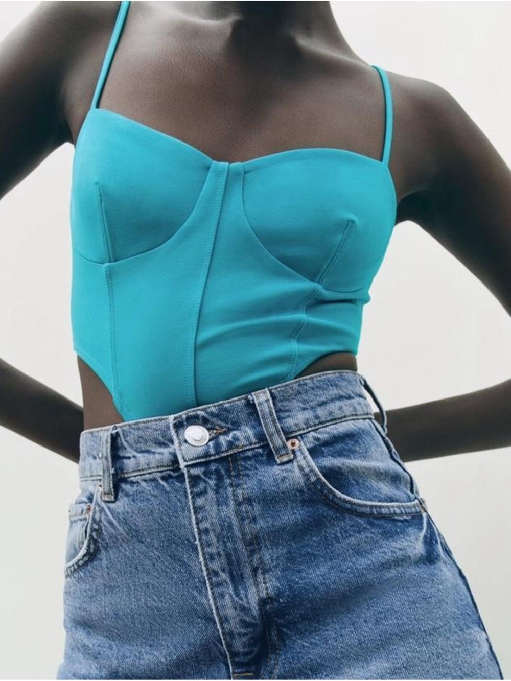 Zara Teal Bustier Crop Top with Spaghetti Straps